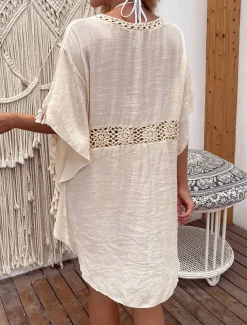 Women's Swimwear Cover Up Swim Dress Swimsuit Fringe Vacation Beach Wear Solid Color V Neck Short Sleeves Bathing Suits