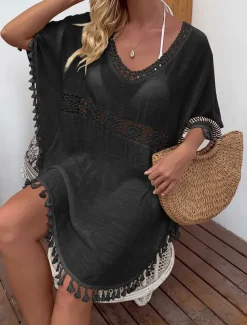 Women's Swimwear Cover Up Swim Dress Swimsuit Fringe Vacation Beach Wear Solid Color V Neck Short Sleeves Bathing Suits