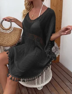 Women's Swimwear Cover Up Swim Dress Swimsuit Fringe Vacation Beach Wear Solid Color V Neck Short Sleeves Bathing Suits