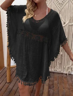 Women's Swimwear Cover Up Swim Dress Swimsuit Fringe Vacation Beach Wear Solid Color V Neck Short Sleeves Bathing Suits