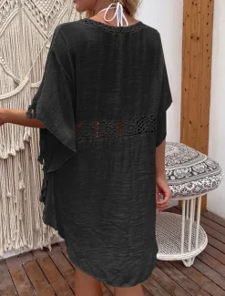 Women's Swimwear Cover Up Swim Dress Swimsuit Fringe Vacation Beach Wear Solid Color V Neck Short Sleeves Bathing Suits