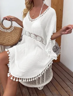 Women's Swimwear Cover Up Swim Dress Swimsuit Fringe Vacation Beach Wear Solid Color V Neck Short Sleeves Bathing Suits