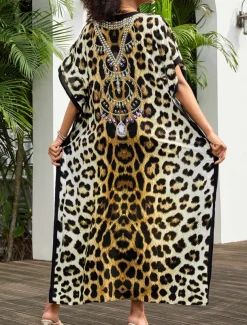 Women's Swimwear Cover Up Swimsuit UV Protection Vacation Beach Wear Graphic Leopard Round Neck Short Sleeves Bathing Suits