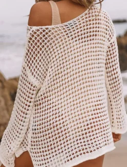 Women's Swimwear Cover Up Beach Dresses Swimsuit Lace Cut Out Vacation Beach Wear Plain Long Sleeve