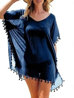 Women's Swimwear Cover Up Beach Dresses Swimsuit Vacation Fashion Solid Color Short Sleeves