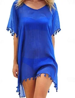 Women's Swimwear Cover Up Beach Dresses Swimsuit Vacation Fashion Solid Color Short Sleeves