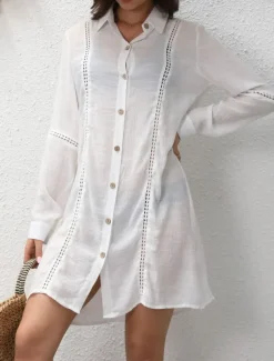Women's Swimwear Cover Up Beach Dresses Swimsuit Buttons Vacation Beach Wear Solid Color V Neck Long Sleeve