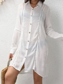 Women's Swimwear Cover Up Beach Dresses Swimsuit Buttons Vacation Beach Wear Solid Color V Neck Long Sleeve