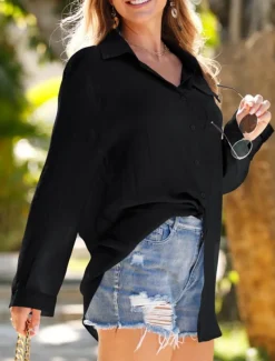 Women's Swimwear Cover Up Swim Dress Swimsuit Buttons Vacation Beach Wear Solid Color V Neck Long Sleeve Bathing Suits