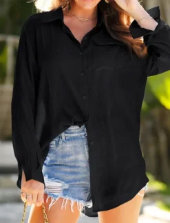 Women's Swimwear Cover Up Swim Dress Swimsuit Buttons Vacation Beach Wear Solid Color V Neck Long Sleeve Bathing Suits