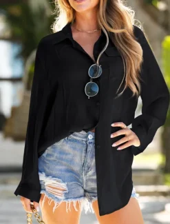 Women's Swimwear Cover Up Swim Dress Swimsuit Buttons Vacation Beach Wear Solid Color V Neck Long Sleeve Bathing Suits