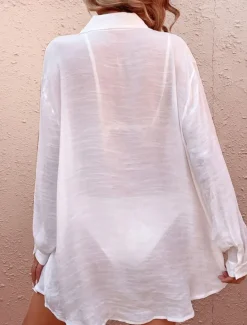 Women's Swimwear Cover Up Swim Dress Swimsuit Buttons Vacation Beach Wear Solid Color V Neck Long Sleeve Bathing Suits