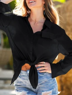 Women's Swimwear Cover Up Swim Dress Swimsuit Buttons Vacation Beach Wear Solid Color V Neck Long Sleeve Bathing Suits