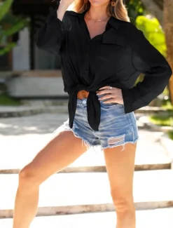 Women's Swimwear Cover Up Swim Dress Swimsuit Buttons Vacation Beach Wear Solid Color V Neck Long Sleeve Bathing Suits