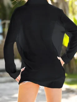 Women's Swimwear Cover Up Swim Dress Swimsuit Buttons Vacation Beach Wear Solid Color V Neck Long Sleeve Bathing Suits