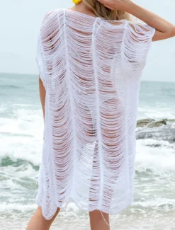 Women's Swimwear Cover Up Swimsuit Vacation Beach Wear Solid Color V Neck Short Sleeves Bathing Suits