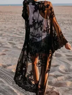 Women's Swimwear Cover Up Swimsuit Patchwork Vacation Beach Wear Plain Long Sleeve Bathing Suits