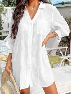 Women's Swimwear Cover Up Swim Dress Swimsuit Buttons Pocket Vacation Beach Wear Solid Color V Neck Long Sleeve Bathing Suits