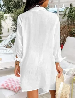 Women's Swimwear Cover Up Swim Dress Swimsuit Buttons Pocket Vacation Beach Wear Solid Color V Neck Long Sleeve Bathing Suits