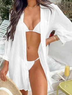 Women's Swimwear Cover Up Swim Dress Swimsuit Buttons Pocket Vacation Beach Wear Solid Color V Neck Long Sleeve Bathing Suits