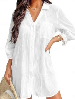 Women's Swimwear Cover Up Swim Dress Swimsuit Buttons Pocket Vacation Beach Wear Solid Color V Neck Long Sleeve Bathing Suits