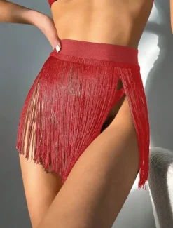 Women's Swimwear Cover Up Swimsuit Fringe Vacation Beach Wear Solid Color Sleeveless Bathing Suits