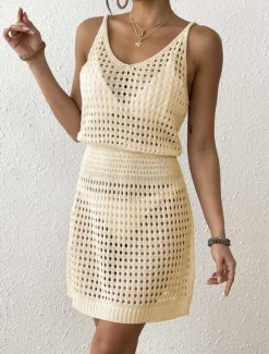 Women's Swimwear Cover Up Swim Dress Swimsuit Cut Out Vacation Beach Wear Solid Color V Neck Long Sleeve Bathing Suits