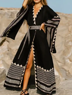 Women's Swimwear Cover Up Beach Dresses Swimsuit Vacation Beach Wear Geometric V Neck Long Sleeve