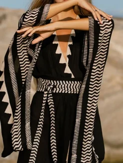 Women's Swimwear Cover Up Beach Dresses Swimsuit Vacation Beach Wear Geometric V Neck Long Sleeve