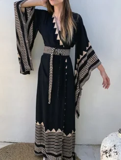 Women's Swimwear Cover Up Beach Dresses Swimsuit Vacation Beach Wear Geometric V Neck Long Sleeve