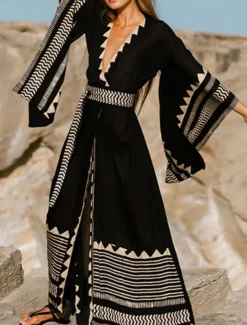 Women's Swimwear Cover Up Beach Dresses Swimsuit Vacation Beach Wear Geometric V Neck Long Sleeve
