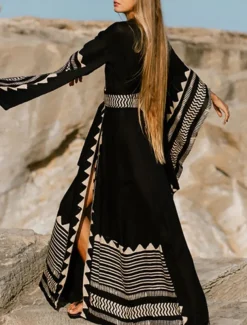 Women's Swimwear Cover Up Beach Dresses Swimsuit Vacation Beach Wear Geometric V Neck Long Sleeve