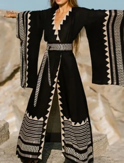 Women's Swimwear Cover Up Beach Dresses Swimsuit Vacation Beach Wear Geometric V Neck Long Sleeve