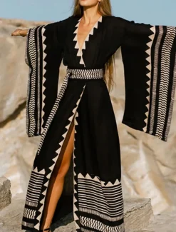 Women's Swimwear Cover Up Beach Dresses Swimsuit Vacation Beach Wear Geometric V Neck Long Sleeve