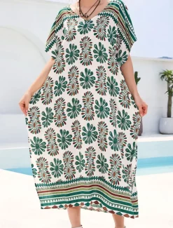 Women's Swimwear Cover Up Swimsuit UV Protection Vacation Beach Wear Graphic V Neck Short Sleeves Bathing Suits