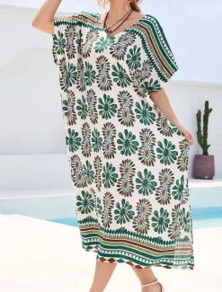 Women's Swimwear Cover Up Swimsuit UV Protection Vacation Beach Wear Graphic V Neck Short Sleeves Bathing Suits