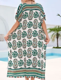 Women's Swimwear Cover Up Swimsuit UV Protection Vacation Beach Wear Graphic V Neck Short Sleeves Bathing Suits