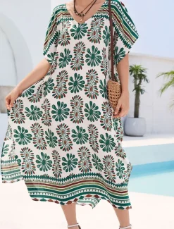 Women's Swimwear Cover Up Swimsuit UV Protection Vacation Beach Wear Graphic V Neck Short Sleeves Bathing Suits