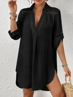 Women's Swimwear Cover Up Beach Dresses Swimsuit Vacation Beach Wear Solid Color Long Sleeve