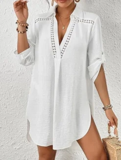 Women's Swimwear Cover Up Beach Dresses Swimsuit Vacation Beach Wear Solid Color Long Sleeve