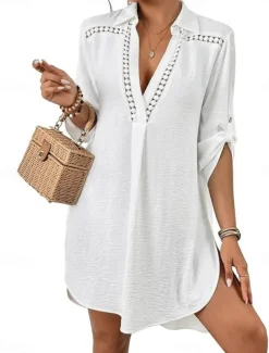 Women's Swimwear Cover Up Beach Dresses Swimsuit Vacation Beach Wear Solid Color Long Sleeve