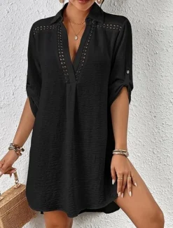 Women's Swimwear Cover Up Beach Dresses Swimsuit Vacation Beach Wear Solid Color Long Sleeve