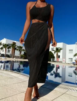 Women's Swimwear Cover Up Swim Dress Swimsuit Cut Out Vacation Beach Wear Solid Color Asymmetric Neck Sleeveless Bathing Suits