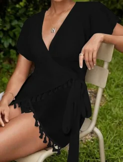 Women's Swimwear Cover Up Swim Dress Swimsuit Fringe Vacation Beach Wear Solid Color Sleeveless Bathing Suits