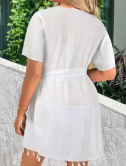 Women's Swimwear Cover Up Swim Dress Swimsuit Fringe Vacation Beach Wear Solid Color Sleeveless Bathing Suits