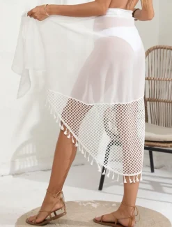 Women's Swimwear Cover Up wrap Swimsuit Fringe Vacation Beach Wear Solid Color Sleeveless Bathing Suits