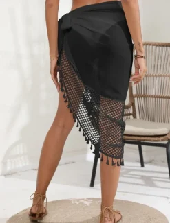 Women's Swimwear Cover Up wrap Swimsuit Fringe Vacation Beach Wear Solid Color Sleeveless Bathing Suits