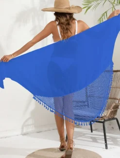 Women's Swimwear Cover Up wrap Swimsuit Fringe Vacation Beach Wear Solid Color Sleeveless Bathing Suits