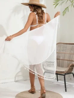 Women's Swimwear Cover Up wrap Swimsuit Fringe Vacation Beach Wear Solid Color Sleeveless Bathing Suits