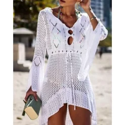 Women's Swimwear Cover Up Beach Dresses Swimsuit High Waist Slim Vacation Beach Wear Solid Color V Neck Long Sleeve